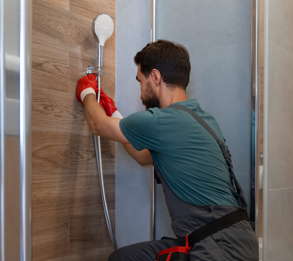 Plagnol plombier à Langon installant une douchette moderne dans une salle de bain aux carreaux bois et gris