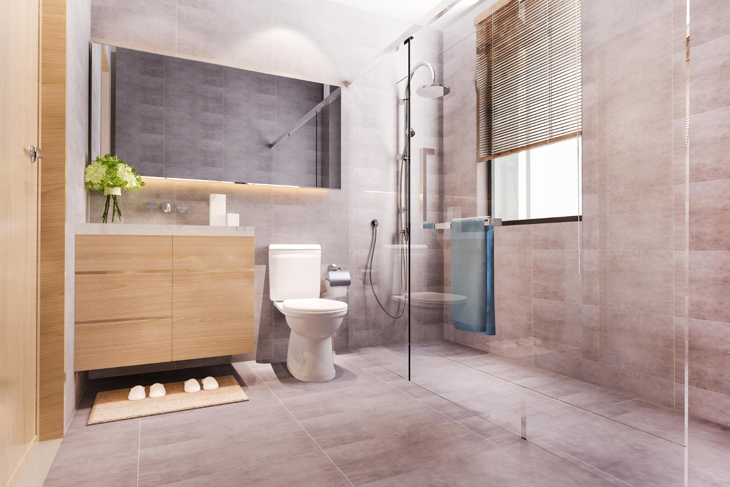 Salle de bain moderne zen rénovée par plagnol à langon avec douche italienne et meuble vasque bois